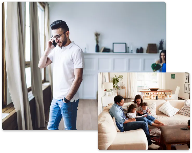 A customer on the phone, in the foreground, a family relaxing on a couch