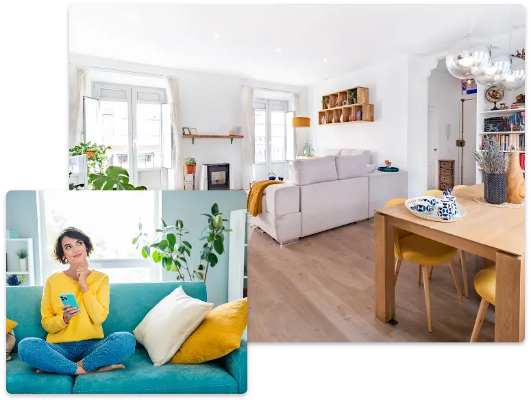 two images one of a well furnished rental unit, and the other of a woman sitting on a couch