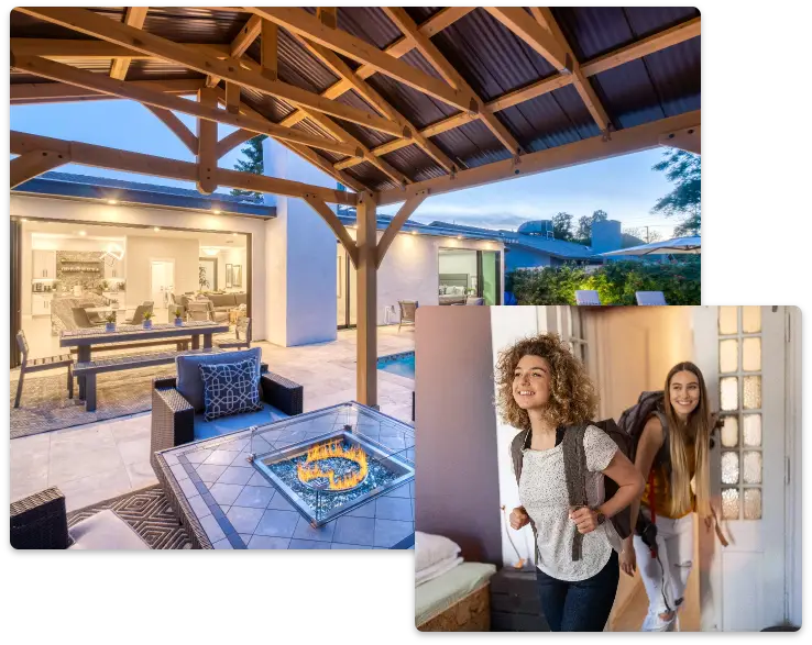 Two images, one showing the back patio of a rental home. The other shows 2 girls walking into a home wearing backpacks