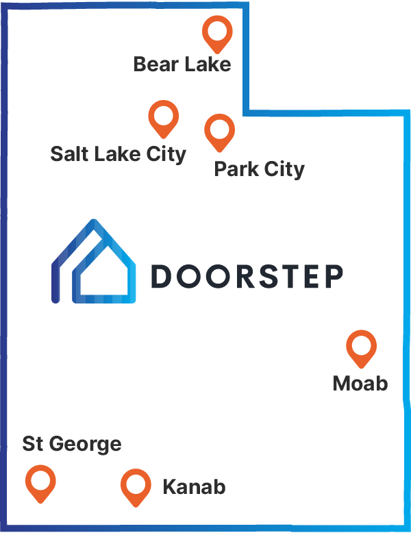 Map of Doorstep's service areas. Bear Lake, SLC, Park City, Moab, St. George, Kanab