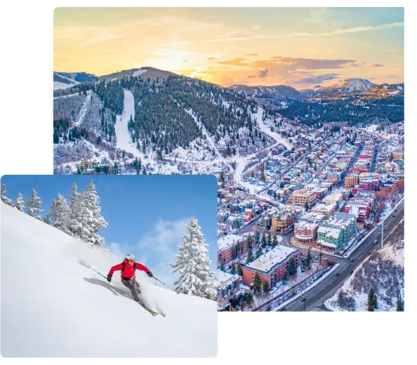Photo collage with a skier over an aerial photo of Park City